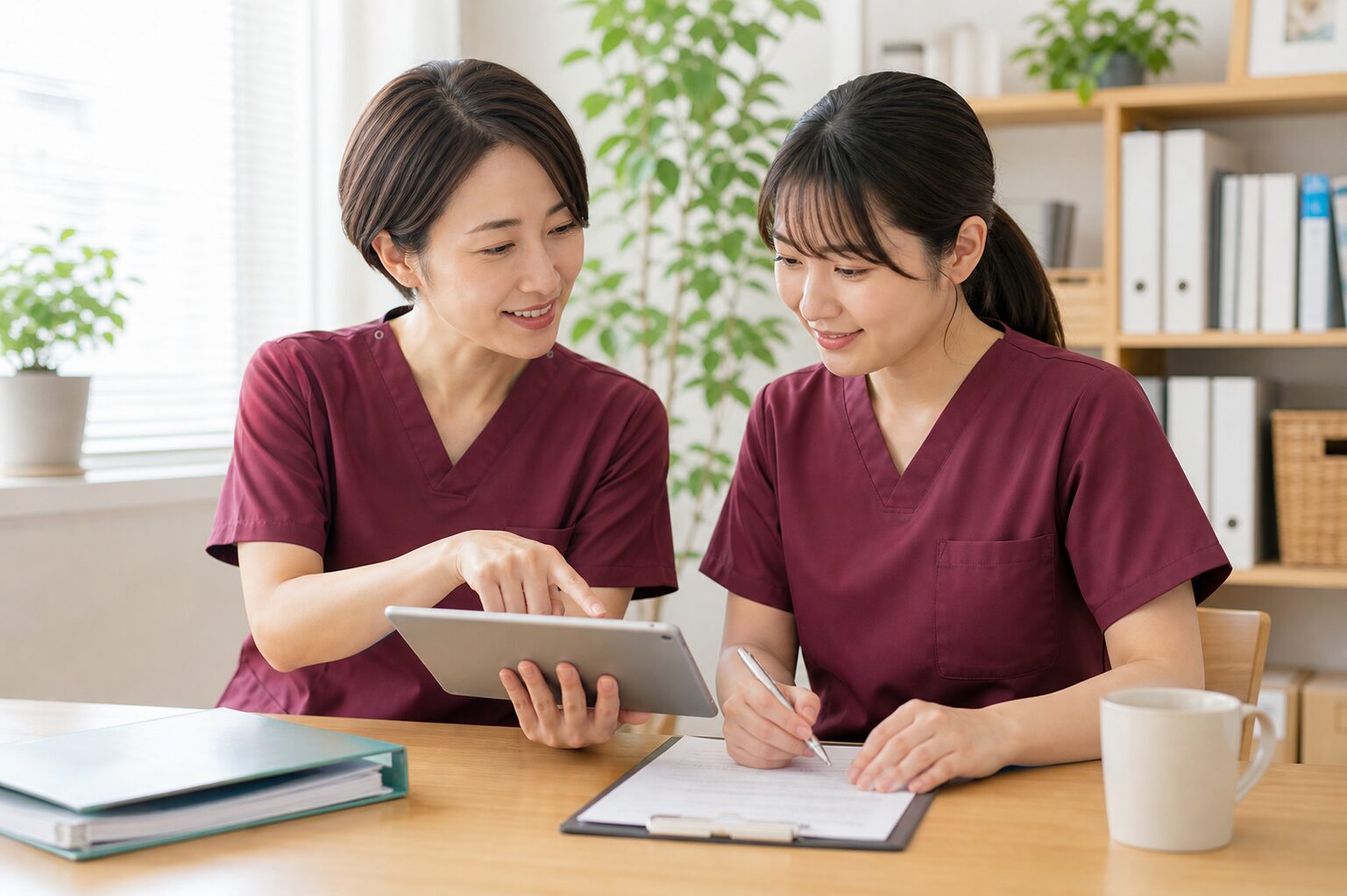 プリセプターと新人スタッフが業務を確認する様子